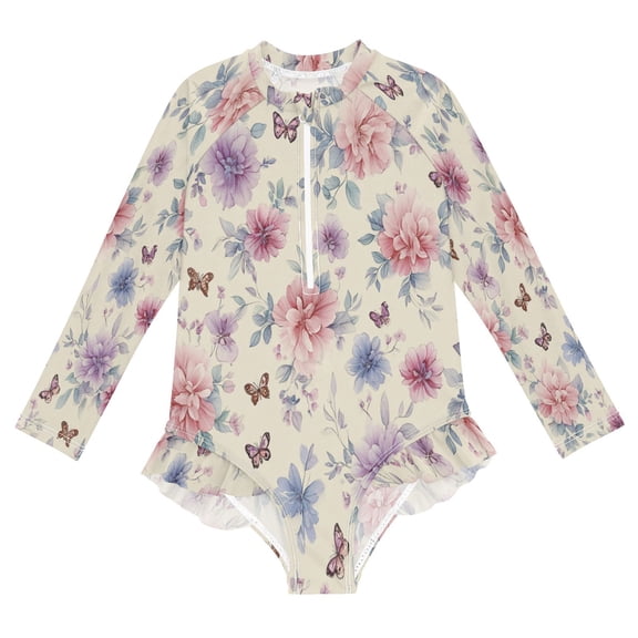 BZSMCE Swimwear Cream Flutter For Long Sleeve One-Piece Swimsuit UPF 50 And UV Protection Quick Dry Chlorine ResistantCream Flutter Pattern