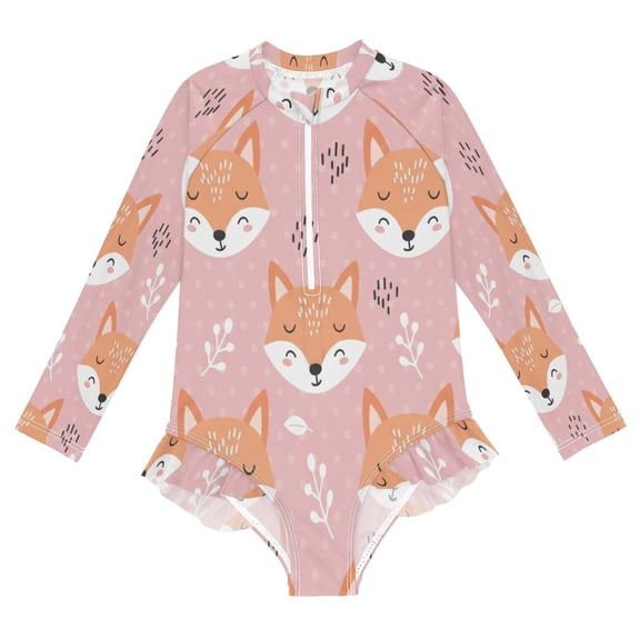 BZSMCE Swimwear Cute Fox For Long Sleeve One-Piece Swimsuit UPF 50 And UV Protection Quick Dry Chlorine ResistantCute Fox Pattern