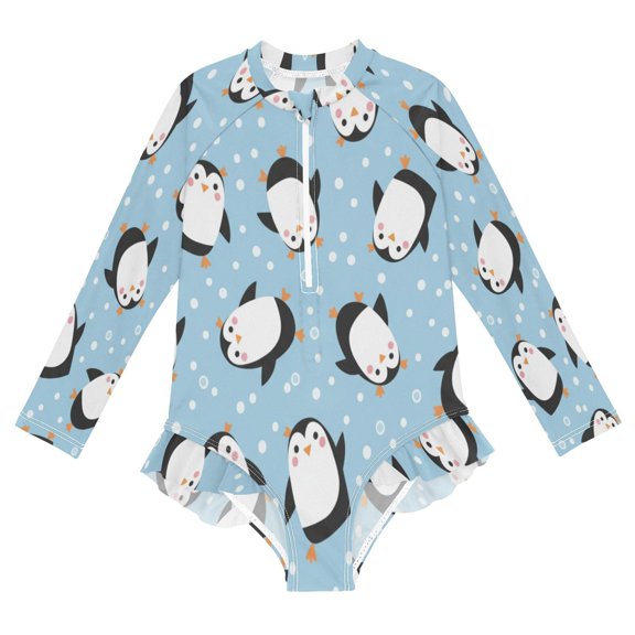 BZSMCE Swimwear Cute Penguin Cartoon For Long Sleeve One-Piece Swimsuit UPF 50 And UV Protection Quick Dry Chlorine ResistantCute Penguin Cartoon Pattern