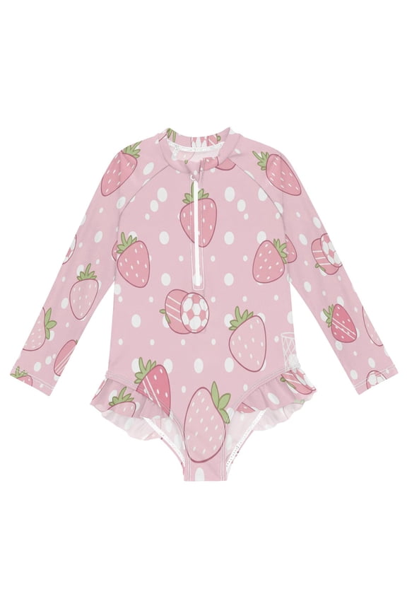 BZSMCE Swimwear Cute Pink Strawberry Fruit For Long Sleeve One-Piece Swimsuit UPF 50 And UV Protection Quick Dry Chlorine ResistantCute Pink Strawberry Fruit Pattern