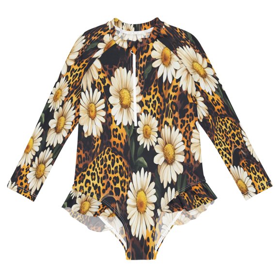BZSMCE Swimwear Daisy Flower Leopard For Long Sleeve One-Piece Swimsuit UPF 50 And UV Protection Quick Dry Chlorine ResistantDaisy Flower Leopard Pattern