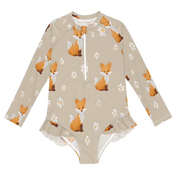 BZSMCE Swimwear Daisy Fox Pattern For Long Sleeve One-Piece Swimsuit UPF 50 And UV Protection Quick Dry Chlorine ResistantDaisy Fox Pattern Pattern