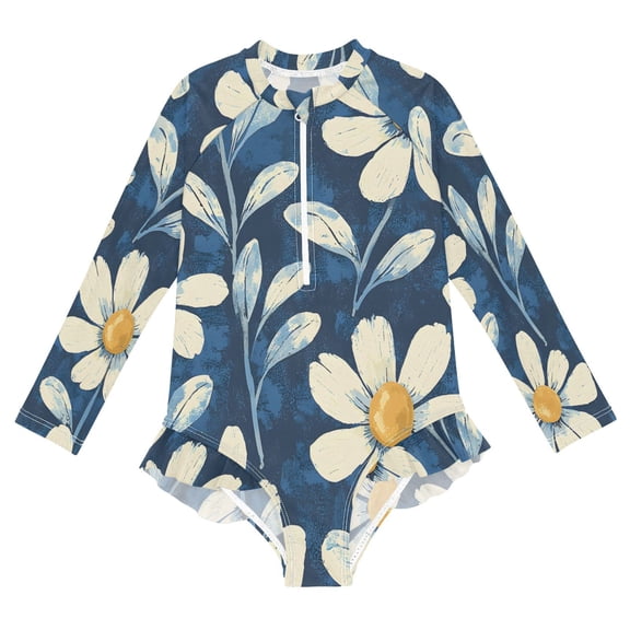 BZSMCE Swimwear Daisy Navy Pattern For Long Sleeve One-Piece Swimsuit UPF 50 And UV Protection Quick Dry Chlorine ResistantDaisy Navy Pattern Pattern