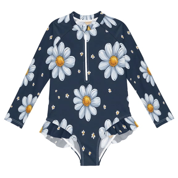 BZSMCE Swimwear Daisy Navy Pattern For Long Sleeve One-Piece Swimsuit UPF 50 And UV Protection Quick Dry Chlorine ResistantDaisy Navy Pattern Pattern