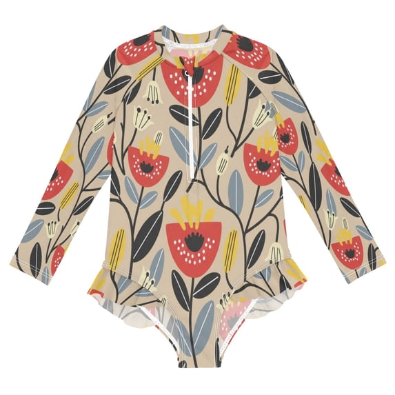 BZSMCE Swimwear Danish Flower Design For Long Sleeve One-Piece Swimsuit ...