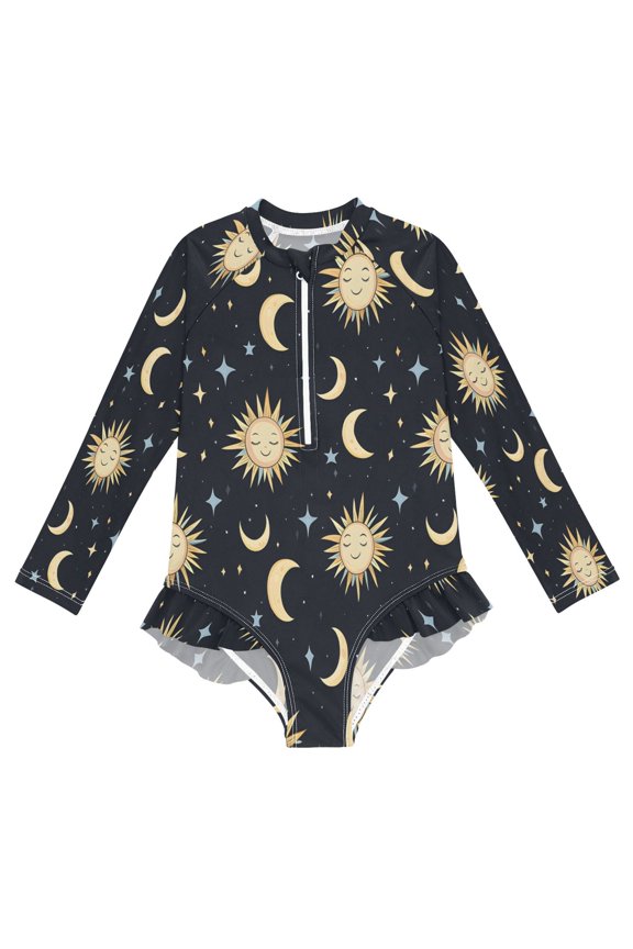 BZSMCE Swimwear Digital Moon Sun Star Pattern For Long Sleeve One-Piece Swimsuit UPF 50 And UV Protection Quick Dry Chlorine ResistantDigital Moon Sun Star Pattern Pattern