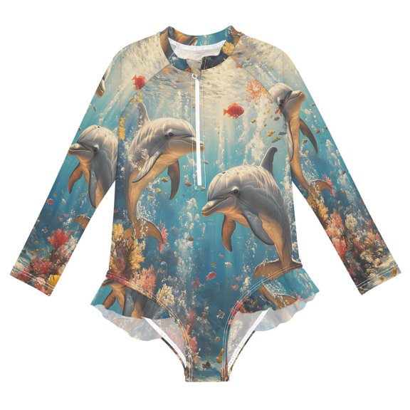BZSMCE Swimwear Dolphins For Long Sleeve One-Piece Swimsuit UPF 50 And UV Protection Quick Dry Chlorine ResistantDolphins Pattern