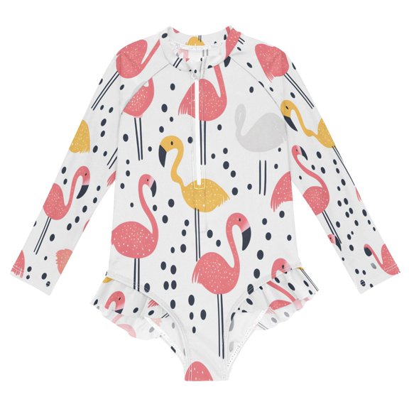 BZSMCE Swimwear Flamingos Dot For Long Sleeve One-Piece Swimsuit UPF 50 And UV Protection Quick Dry Chlorine ResistantFlamingos Dot Pattern