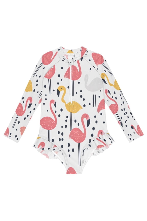 BZSMCE Swimwear Flamingos Dot For Long Sleeve One-Piece Swimsuit UPF 50 And UV Protection Quick Dry Chlorine ResistantFlamingos Dot Pattern
