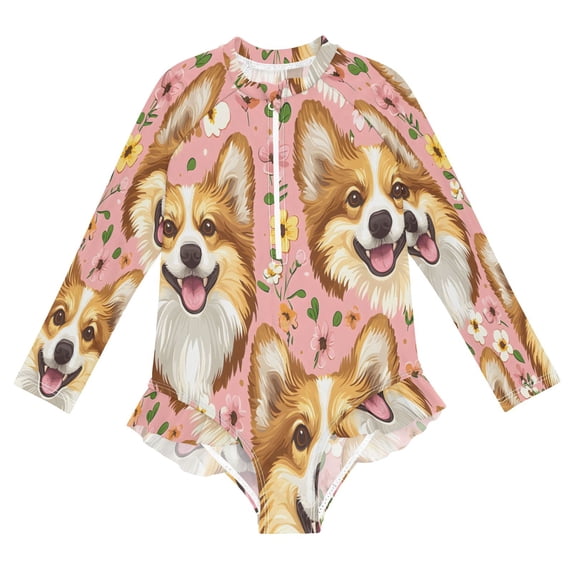 BZSMCE Swimwear Flower Corgi Pink Pattern For Long Sleeve One-Piece ...