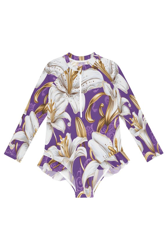 BZSMCE Swimwear Flower Pattern (90) For Long Sleeve One-Piece Swimsuit UPF 50 And UV Protection Quick Dry Chlorine ResistantFlower Pattern (90) Pattern