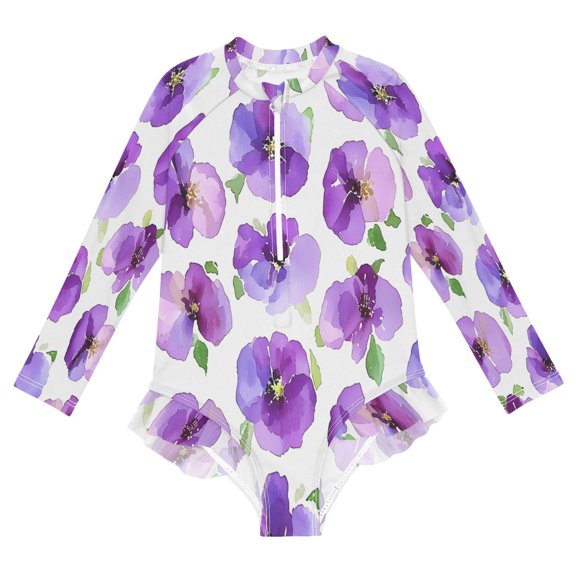 BZSMCE Swimwear Flower Purple Pattern For Long Sleeve One-Piece Swimsuit UPF 50 And UV Protection Quick Dry Chlorine ResistantFlower Purple Pattern Pattern