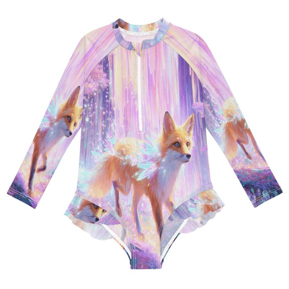 BZSMCE Swimwear Fox Crystal For Long Sleeve One-Piece Swimsuit UPF 50 And UV Protection Quick Dry Chlorine ResistantFox Crystal Pattern