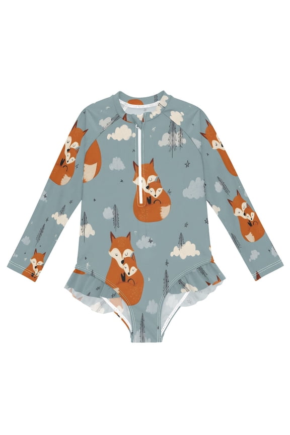 BZSMCE Swimwear Fox Embrace Pattern For Long Sleeve One-Piece Swimsuit UPF 50 And UV Protection Quick Dry Chlorine ResistantFox Embrace Pattern Pattern