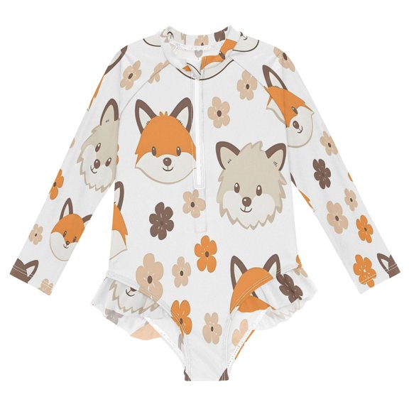 BZSMCE Swimwear Fox Flower Pattern For Long Sleeve One-Piece Swimsuit UPF 50 And UV Protection Quick Dry Chlorine ResistantFox Flower Pattern Pattern