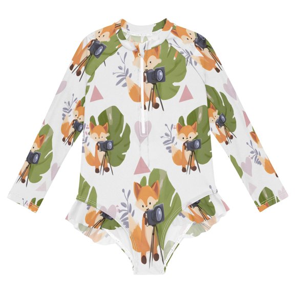 BZSMCE Swimwear The Fox in The Photo Pattern For Long Sleeve One-Piece Swimsuit UPF 50 And UV Protection Quick Dry Chlorine ResistantThe Fox In The Photo Pattern Pattern
