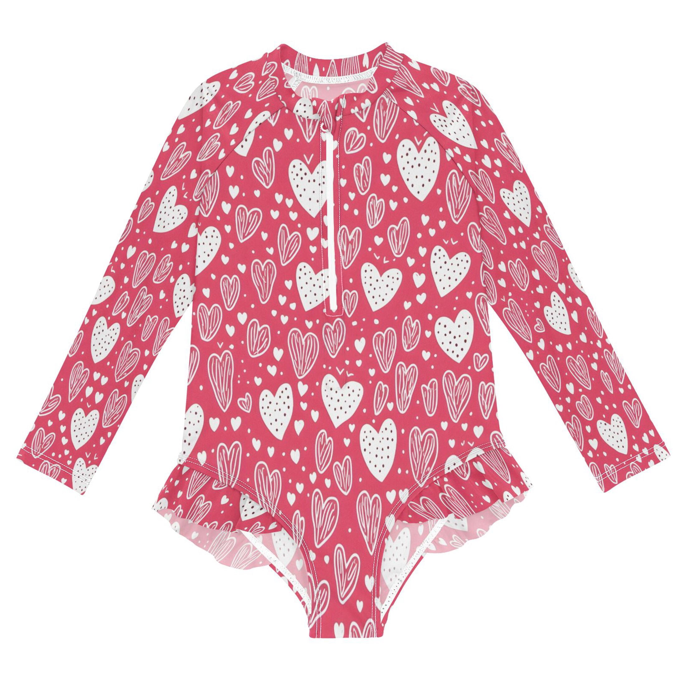 BZSMCE Swimwear Hearts Red Tile Pattern For Long Sleeve One-Piece ...