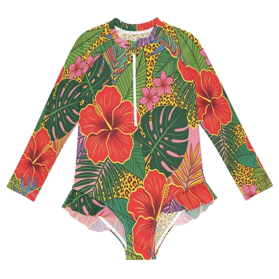 BZSMCE Swimwear Hibiscus Jungle Pop For Long Sleeve One-Piece Swimsuit UPF 50 And UV Protection Quick Dry Chlorine ResistantHibiscus Jungle Pop Pattern