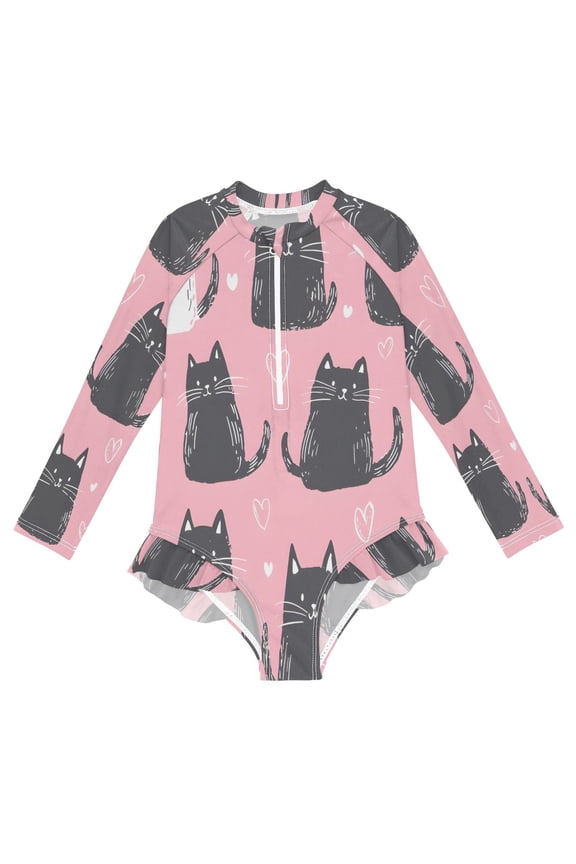 BZSMCE Swimwear Kitty Heart Pattern For Long Sleeve One-Piece Swimsuit UPF 50 And UV Protection Quick Dry Chlorine ResistantKitty Heart Pattern Pattern