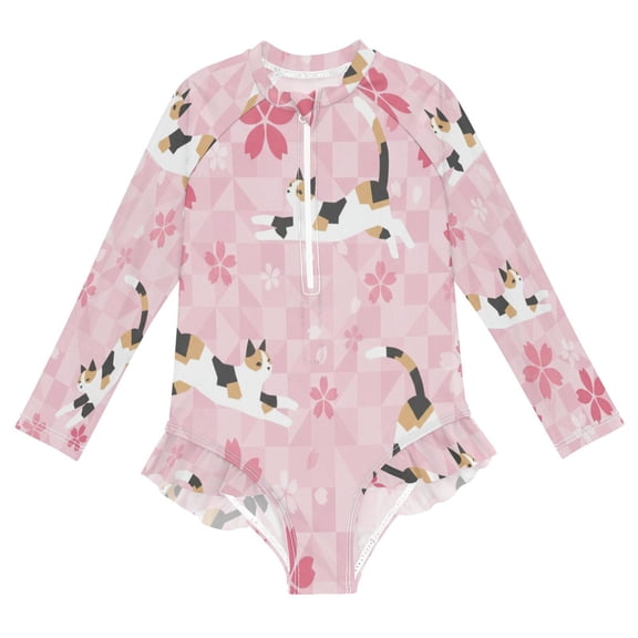 BZSMCE Swimwear ネコ 猫 猫柄 和風 和柄 桜 ピンク For Long Sleeve One-Piece Swimsuit UPF 50 And UV Protection Quick Dry Chlorine Resistantネコ 猫 猫柄 和風 和柄 桜 ピンク Pattern