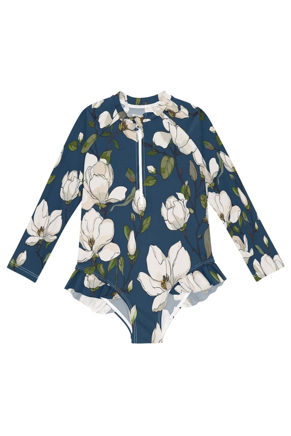 BZSMCE Swimwear Midnight Magnolia For Long Sleeve One-Piece Swimsuit UPF 50 And UV Protection Quick Dry Chlorine ResistantMidnight Magnolia Pattern