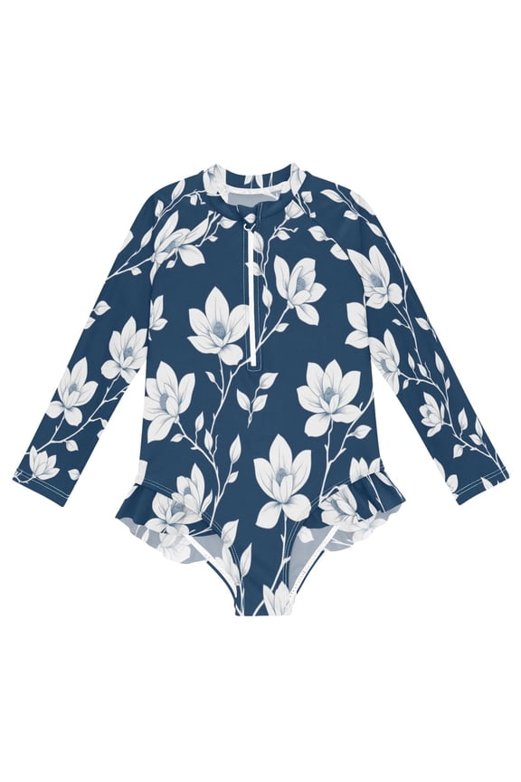 BZSMCE Swimwear Midnight Magnolia For Long Sleeve One-Piece Swimsuit UPF 50 And UV Protection Quick Dry Chlorine ResistantMidnight Magnolia Pattern