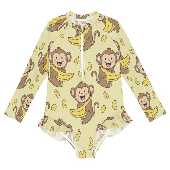 BZSMCE Swimwear Monkey Bananas For Long Sleeve One-Piece Swimsuit UPF 50 And UV Protection Quick Dry Chlorine ResistantMonkey Bananas Pattern