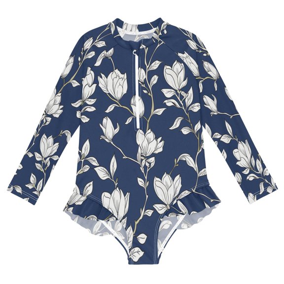 BZSMCE Swimwear Navy Magnolia For Long Sleeve One-Piece Swimsuit UPF 50 And UV Protection Quick Dry Chlorine ResistantNavy Magnolia Pattern