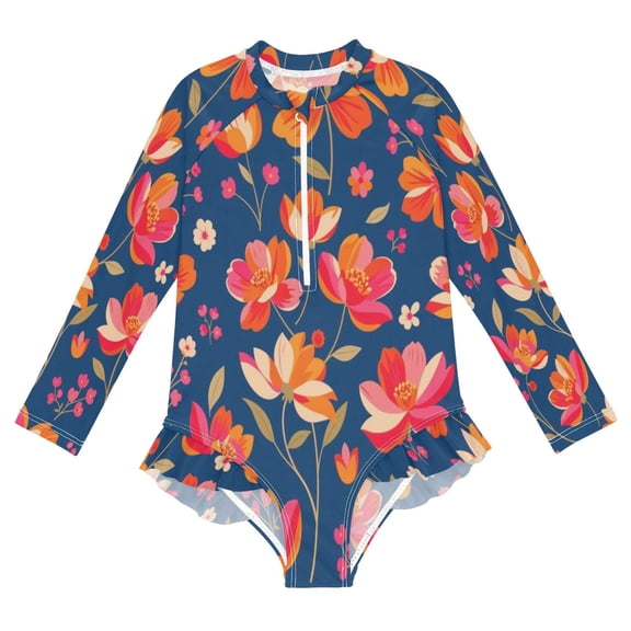 BZSMCE Swimwear Navy Tangerine For Long Sleeve One-Piece Swimsuit UPF 50 And UV Protection Quick Dry Chlorine ResistantNavy Tangerine Pattern
