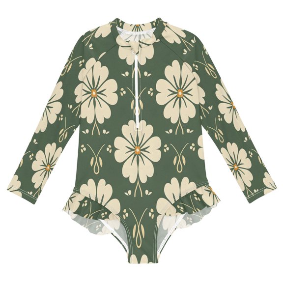 BZSMCE Swimwear Pattern Yellow Green Tile Pattern For Long Sleeve One-Piece Swimsuit UPF 50 And UV Protection Quick Dry Chlorine ResistantPattern Yellow Green Tile Pattern Pattern
