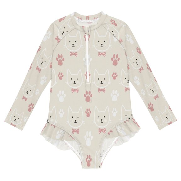 BZSMCE Swimwear Pink Cat Paws For Long Sleeve One-Piece Swimsuit UPF 50 And UV Protection Quick Dry Chlorine ResistantPink Cat Paws Pattern