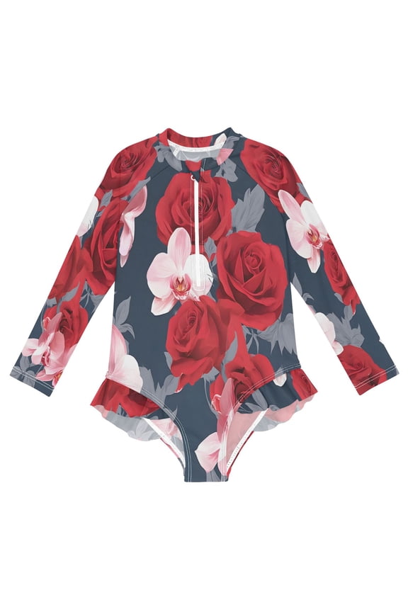 BZSMCE Swimwear Red Pink Rose Pattern For Long Sleeve One-Piece Swimsuit UPF 50 And UV Protection Quick Dry Chlorine ResistantRed Pink Rose Pattern Pattern