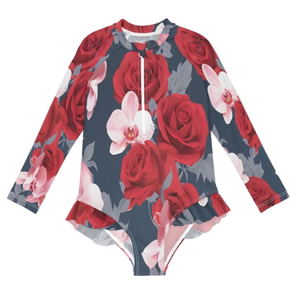 BZSMCE Swimwear Red Pink Rose Pattern For Long Sleeve One-Piece Swimsuit UPF 50 And UV Protection Quick Dry Chlorine ResistantRed Pink Rose Pattern Pattern