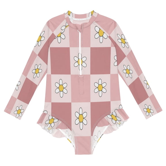 BZSMCE Swimwear Retro Blush Checkered Daisy For Long Sleeve One-Piece Swimsuit UPF 50 And UV Protection Quick Dry Chlorine ResistantRetro Blush Checkered Daisy Pattern