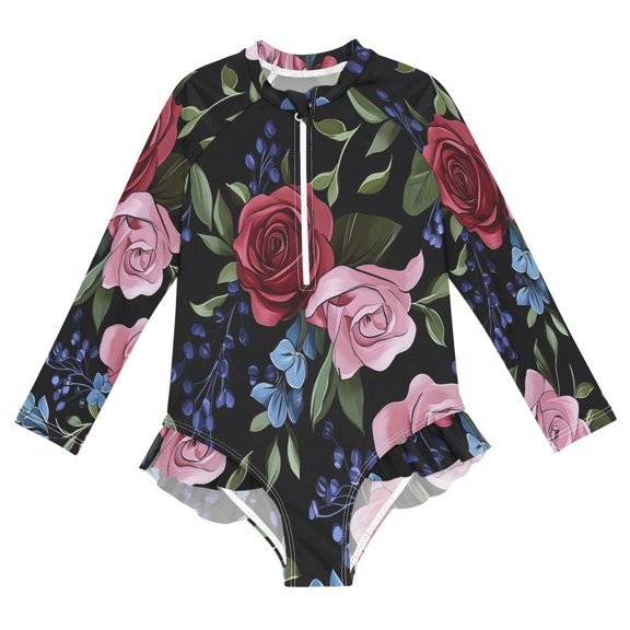 BZSMCE Swimwear Rose Bluebell Pattern For Long Sleeve One-Piece Swimsuit UPF 50 And UV Protection Quick Dry Chlorine ResistantRose Bluebell Pattern Pattern