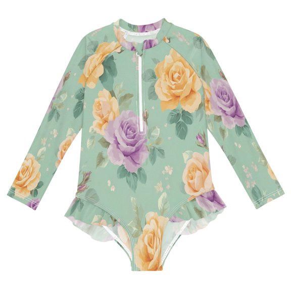 BZSMCE Swimwear Rose Green Background Pattern For Long Sleeve One-Piece Swimsuit UPF 50 And UV Protection Quick Dry Chlorine ResistantRose Green Background Pattern Pattern
