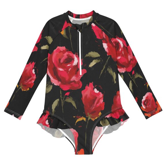 BZSMCE Swimwear Rose Pattern For Long Sleeve One-Piece Swimsuit UPF 50 And UV Protection Quick Dry Chlorine ResistantRose Pattern Pattern