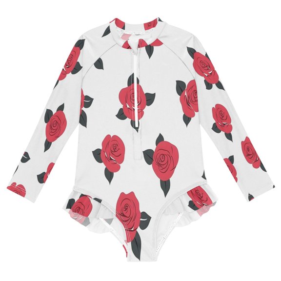 BZSMCE Swimwear Rose Red Tile Pattern For Long Sleeve One-Piece Swimsuit UPF 50 And UV Protection Quick Dry Chlorine ResistantRose Red Tile Pattern Pattern