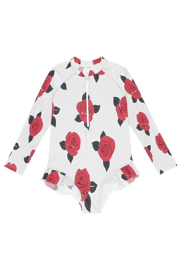 BZSMCE Swimwear Rose Red Tile Pattern For Long Sleeve One-Piece Swimsuit UPF 50 And UV Protection Quick Dry Chlorine ResistantRose Red Tile Pattern Pattern