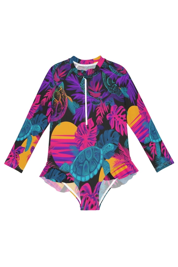 BZSMCE Swimwear Sea Turtle Sunset Leaf Pattern For Long Sleeve One-Piece Swimsuit UPF 50 And UV Protection Quick Dry Chlorine ResistantSea Turtle Sunset Leaf Pattern Pattern