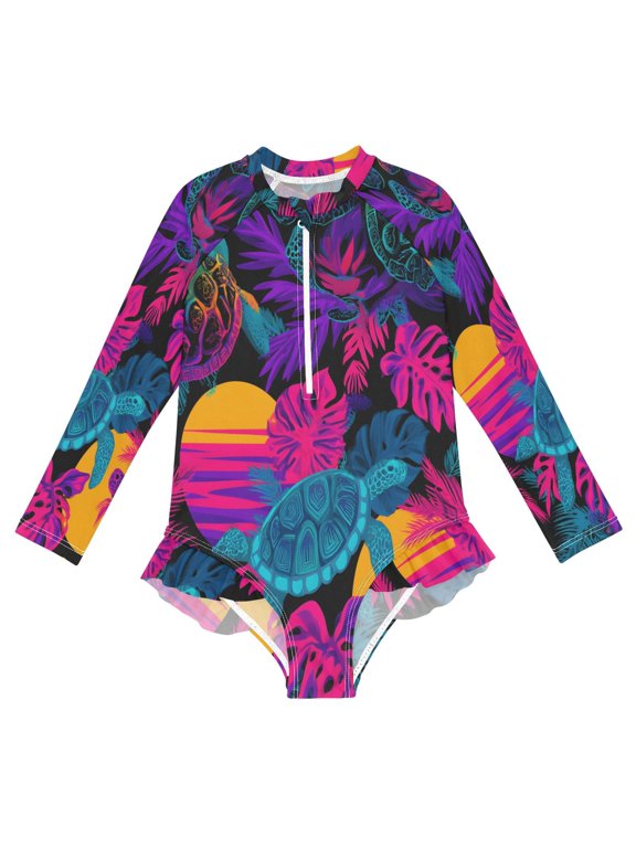 BZSMCE Swimwear Sea Turtle Sunset Leaf Pattern For Long Sleeve One-Piece Swimsuit UPF 50 And UV Protection Quick Dry Chlorine ResistantSea Turtle Sunset Leaf Pattern Pattern