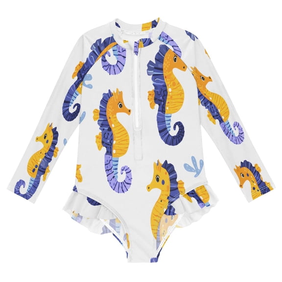 BZSMCE Swimwear Seahorse Seagrass Pattern For Long Sleeve One-Piece Swimsuit UPF 50 And UV Protection Quick Dry Chlorine ResistantSeahorse Seagrass Pattern Pattern
