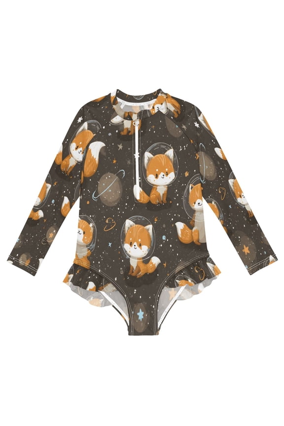 BZSMCE Swimwear Space Fox Pattern For Long Sleeve One-Piece Swimsuit UPF 50 And UV Protection Quick Dry Chlorine ResistantSpace Fox Pattern Pattern