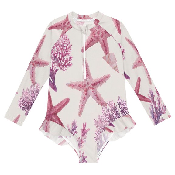 BZSMCE Swimwear Starfish Coral Pattern For Long Sleeve One-Piece Swimsuit UPF 50 And UV Protection Quick Dry Chlorine ResistantStarfish Coral Pattern Pattern