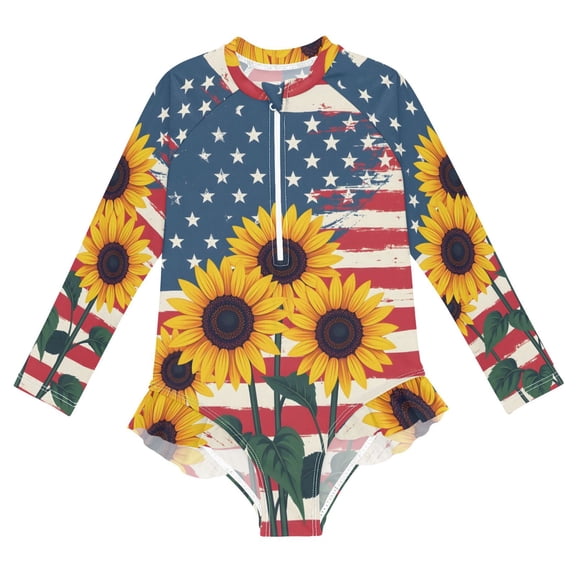 BZSMCE Swimwear Sunflower For Long Sleeve One-Piece Swimsuit UPF 50 And UV Protection Quick Dry Chlorine ResistantSunflower Pattern