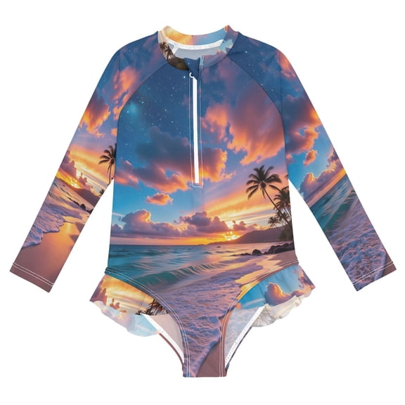 BZSMCE Swimwear Sunset by The Seaside For Long Sleeve One-Piece Swimsuit UPF 50 And UV Protection Quick Dry Chlorine ResistantSunset By The Seaside Pattern
