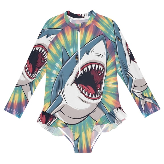 BZSMCE Swimwear Tie Shark For Long Sleeve One-Piece Swimsuit UPF 50 And UV Protection Quick Dry Chlorine ResistantTie Shark Pattern