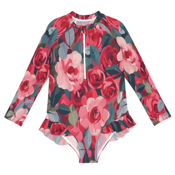 BZSMCE Swimwear Tile Rose Red Tile Pattern For Long Sleeve One-Piece Swimsuit UPF 50 And UV Protection Quick Dry Chlorine ResistantTile Rose Red Tile Pattern Pattern