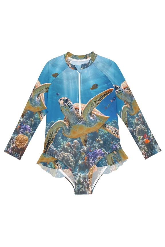 BZSMCE Swimwear Turtle For Long Sleeve One-Piece Swimsuit UPF 50 And UV Protection Quick Dry Chlorine ResistantTurtle Pattern