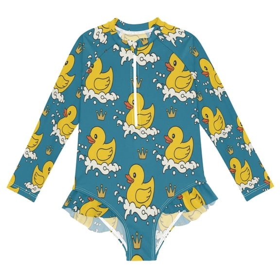 YAZAOO Swimwear Yellow Rubber Duck and Golden Crown For Long Sleeve One-Piece Swimsuit UPF 50 And UV Protection Quick Dry Chlorine Resistant